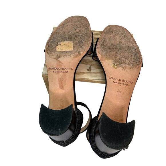 Manolo Blahnik Light Blue Denim Sea Salts Sequins Ankle  Manolo Blahnik Lauratomod Denim Ankle-Wrap Sandal in Metallic Wash Denim